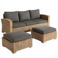 Sofa ogrodowa 3-osobowa z 2 pufami, naturalnym rattanem i drewnem tekowym, 210 x 85 x 85 cm, szara