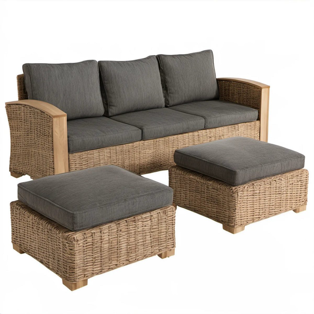 Sofa ogrodowa 3-osobowa z 2 pufami, naturalnym rattanem i drewnem tekowym, 210 x 85 x 85 cm, szara