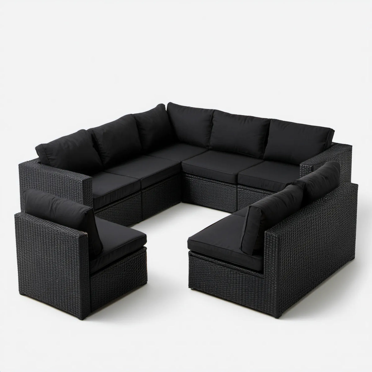 Czarny zestaw wypoczynkowy z technorattanu w kształcie U, 7-elementowy, 260 × 260 × 65 cm