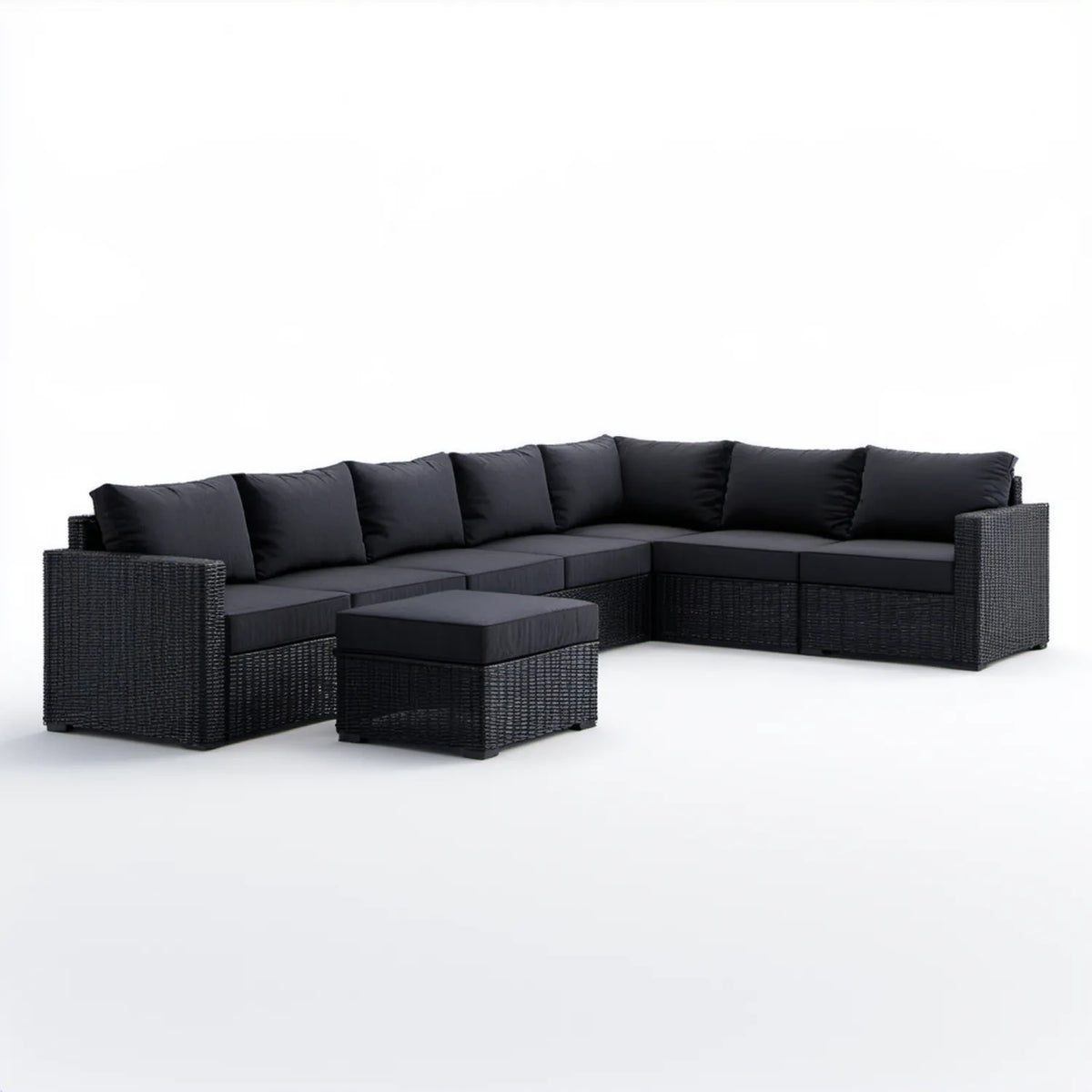 Czarny narożnik ogrodowy z pufą z rattanu PE 280 × 210 × 65 cm