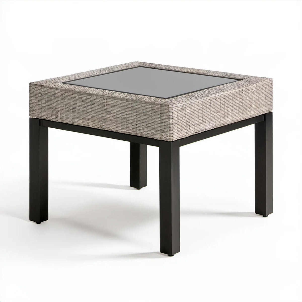 Kwadratowy stół z technorattanu szaro-czarny 90 x 90 x 74 cm ze szkłem hartowanym i aluminium