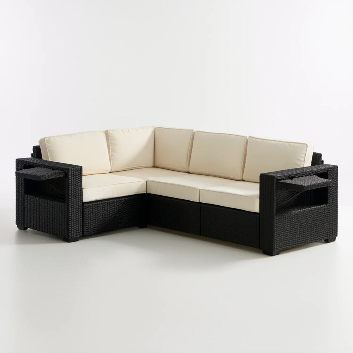 3-osobowa narożna sofa ogrodowa z technorattanu 205 x 205 x 63 cm, czarna z kremowymi poduszkami