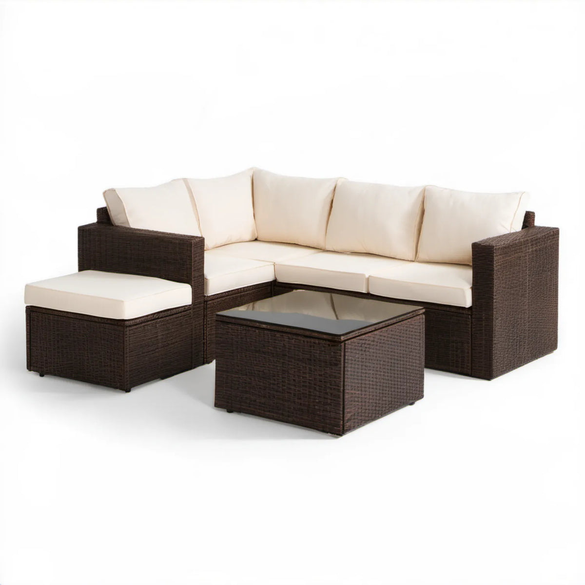 Brązowo-kremowy zestaw ogrodowy z technorattanu PE, sofa narożna 186 x 136 x 65 cm, pufa i stolik