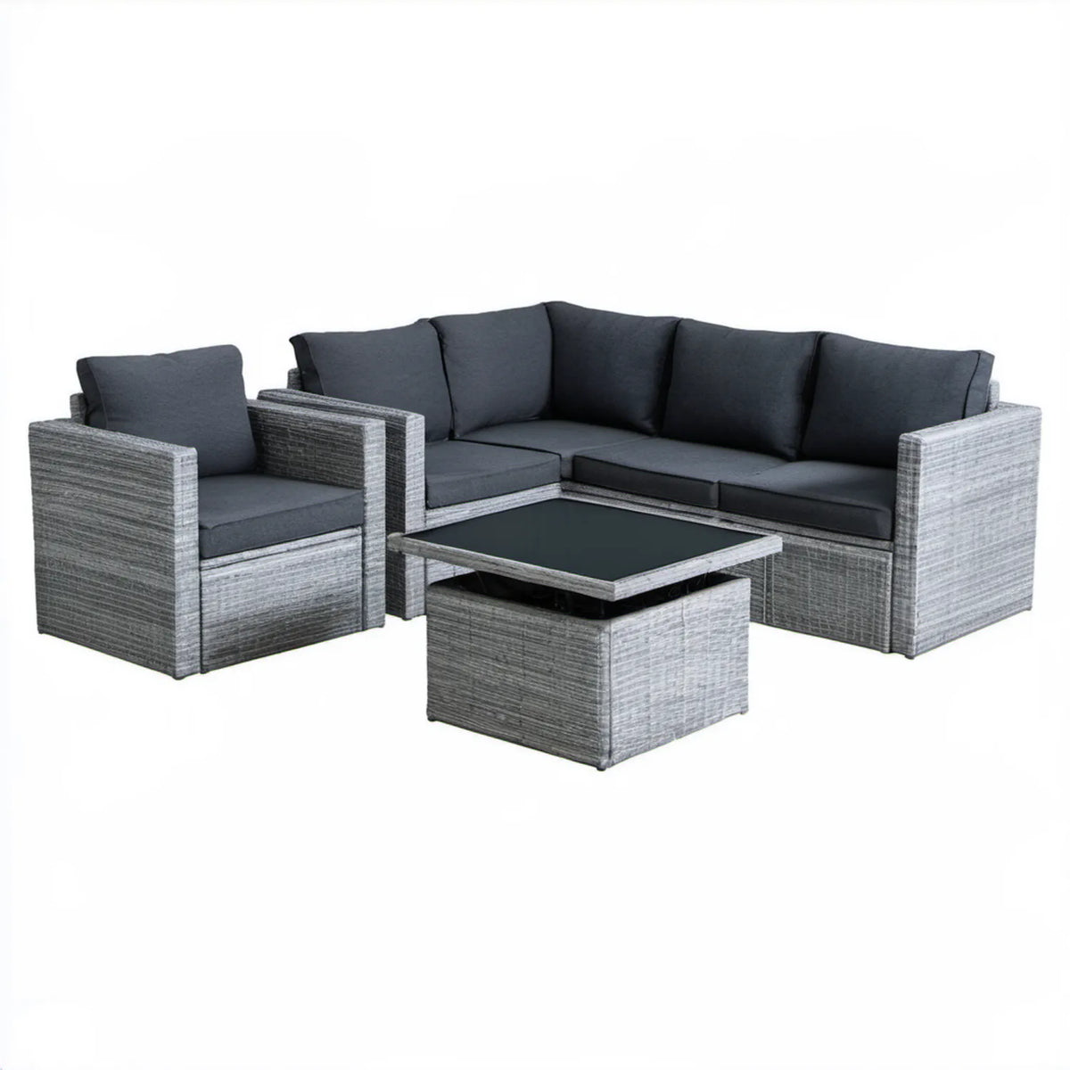 Zestaw wypoczynkowy z technorattanu PE: sofa 3-osobowa, fotel i stolik 191 × 65 × 76 cm, szary/grafitowy/czarny