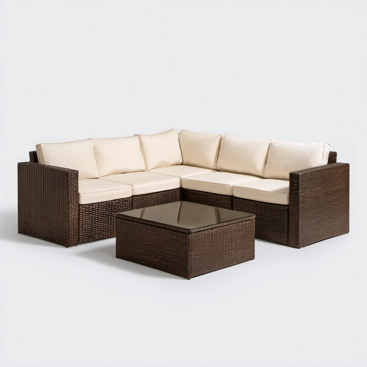 Narożny zestaw ogrodowy z technorattanu PE 230 × 230 × 65 cm, ciemnobrązowy z kremowymi poduszkami
