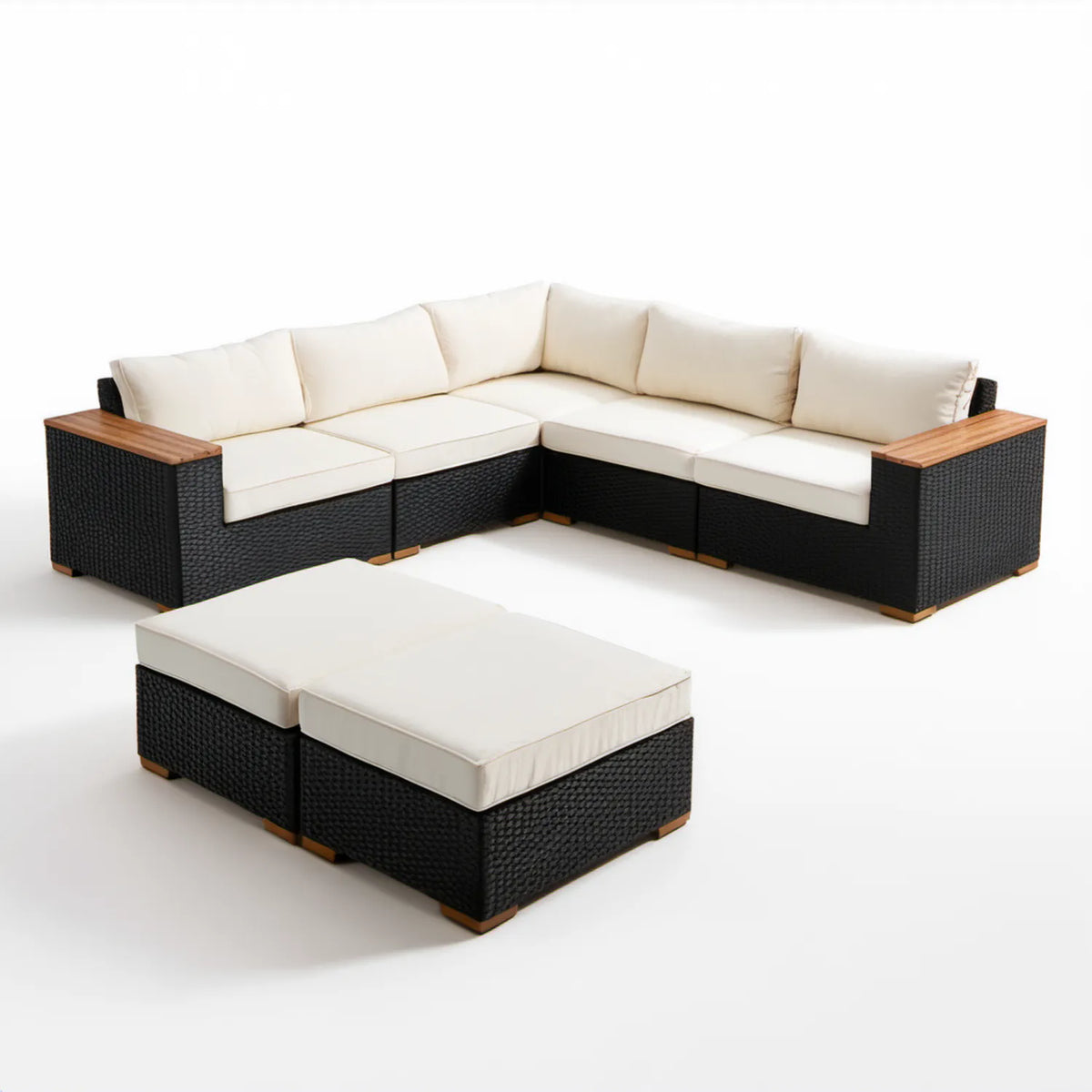 Modułowy narożnik ogrodowy z pufą z technorattanu PE 280 x 280 cm Czarny/Kremowy/Brązowy