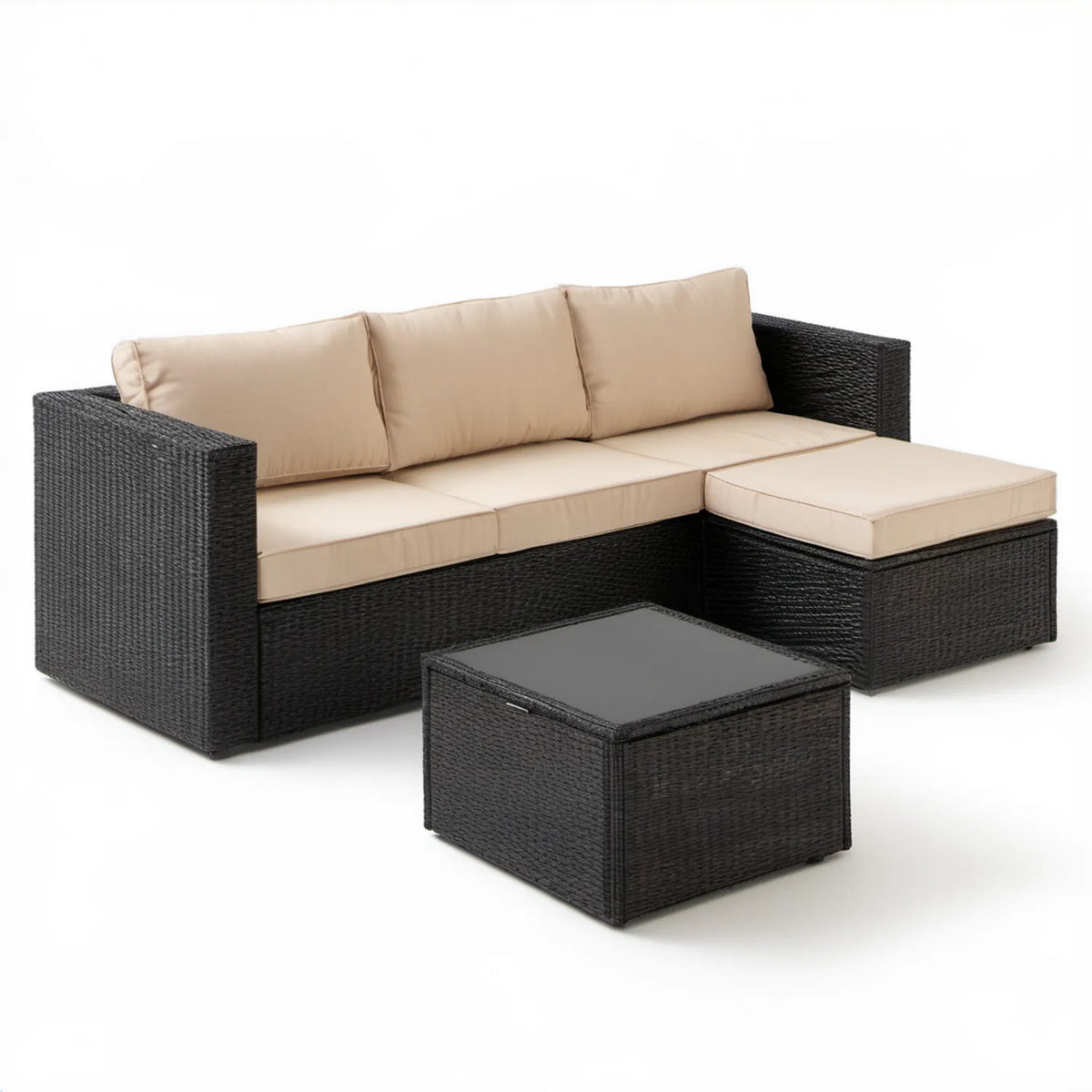 Narożna sofa ogrodowa z technorattanu ze stolikiem 193 x 136 x 60 cm Czarny/Beżowy