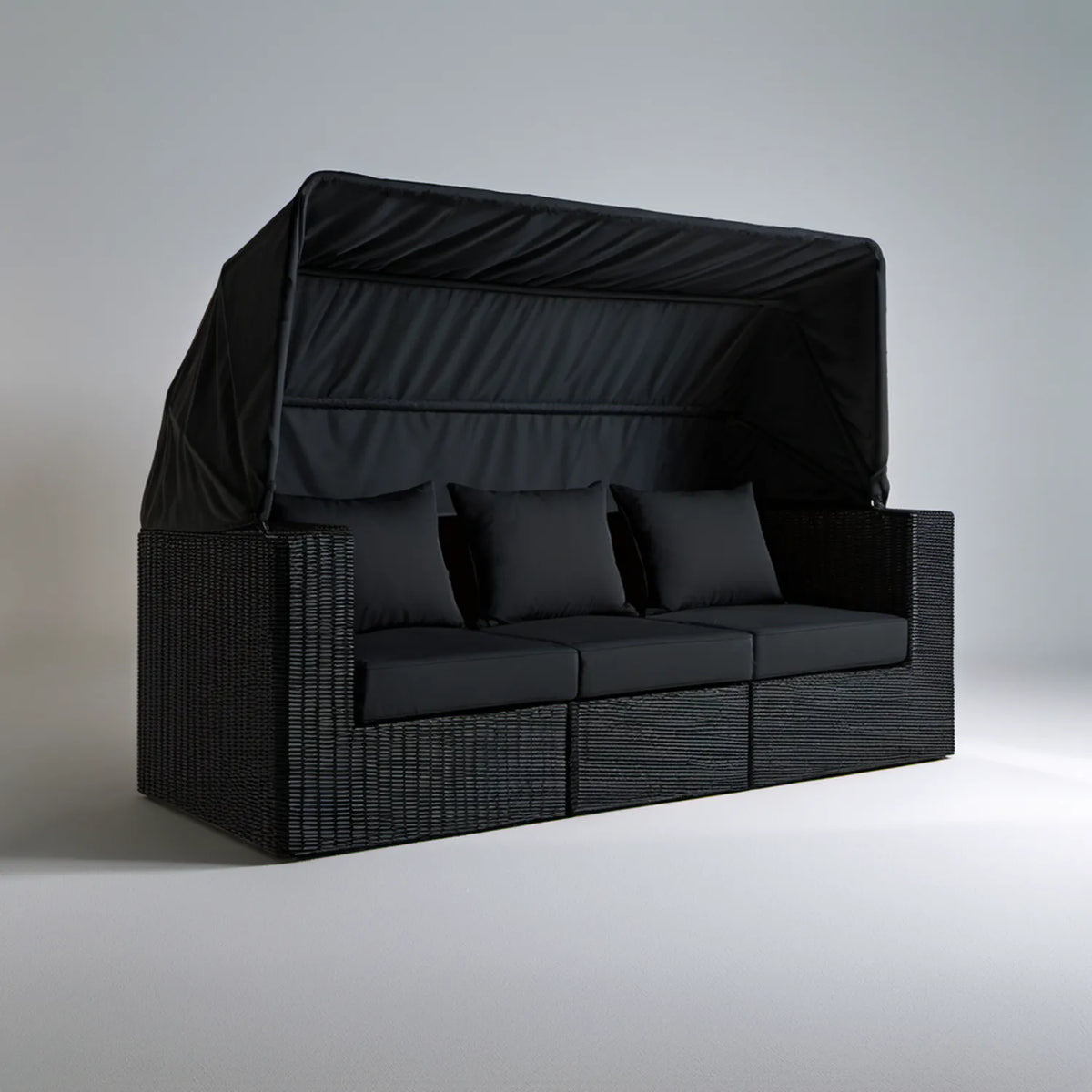 Czarna sofa ogrodowa 3-osobowa z regulowanym daszkiem, 200 x 75 x 170 cm